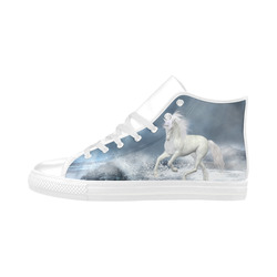A white Unicorn wading in the water Aquila High Top Microfiber Leather Men's Shoes (Model 032)