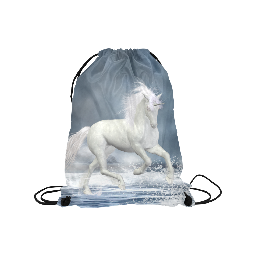 A white Unicorn wading in the water Medium Drawstring Bag Model 1604 (Twin Sides) 13.8"(W) * 18.1"(H)