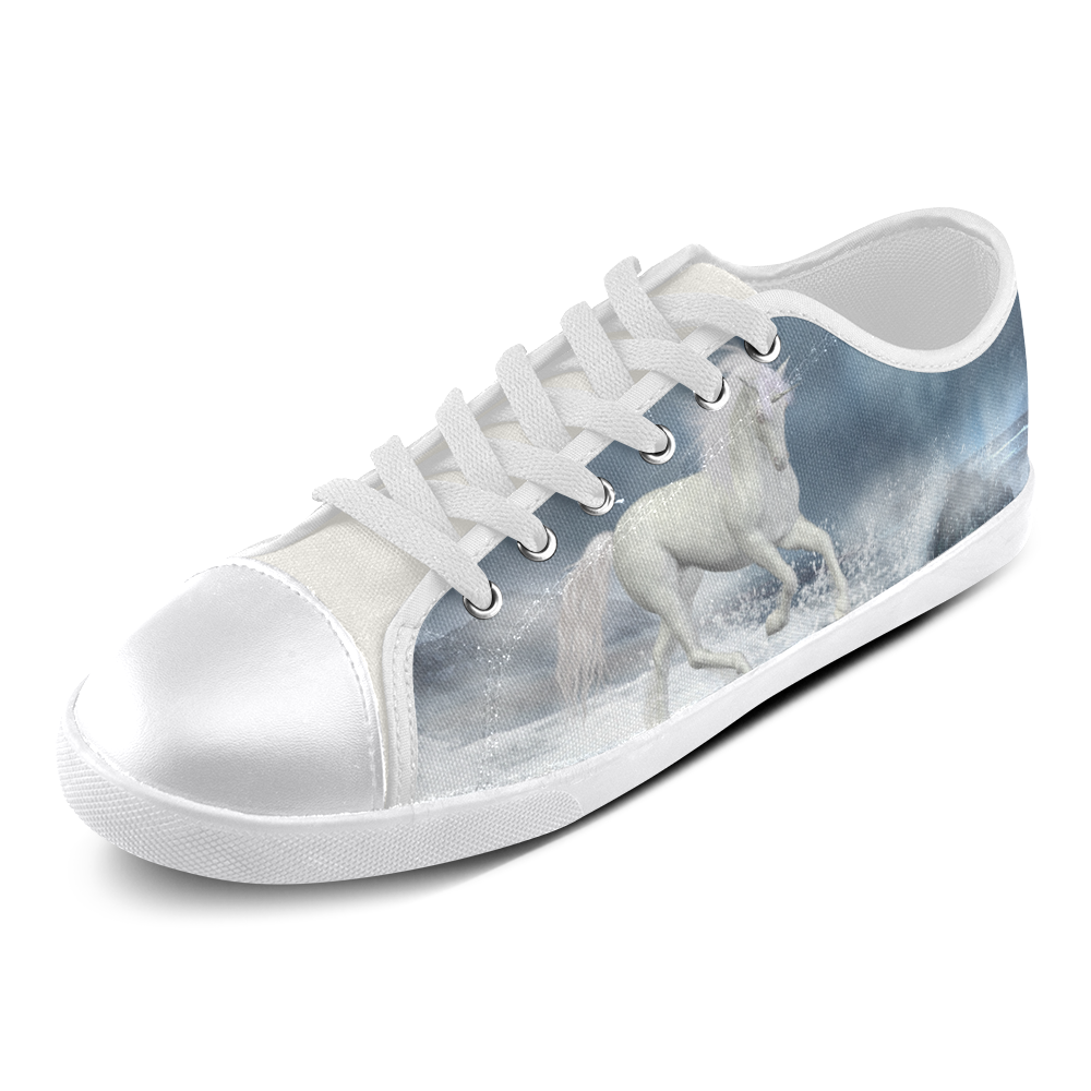 A white Unicorn wading in the water Canvas Shoes for Women/Large Size (Model 016)