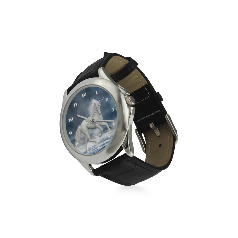 A white Unicorn wading in the water Women's Classic Leather Strap Watch(Model 203)