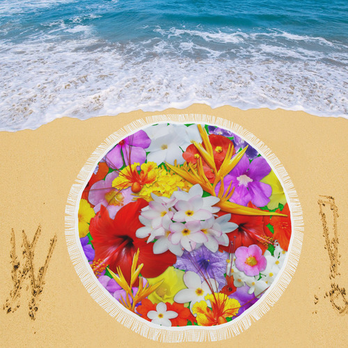 Exotic Flowers Colorful Explosion Circular Beach Shawl 59"x 59"