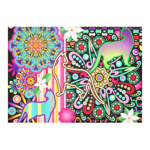 Mandalas, Cats & Flowers Fantasy Pattern Cotton Linen Tablecloth 60"x 84"