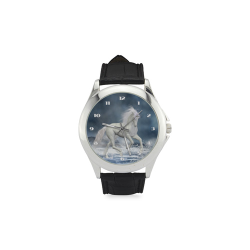 A white Unicorn wading in the water Women's Classic Leather Strap Watch(Model 203)
