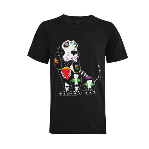 Basset Hound Sugar Skull Black Men's V-Neck T-shirt  Big Size(USA Size) (Model T10)