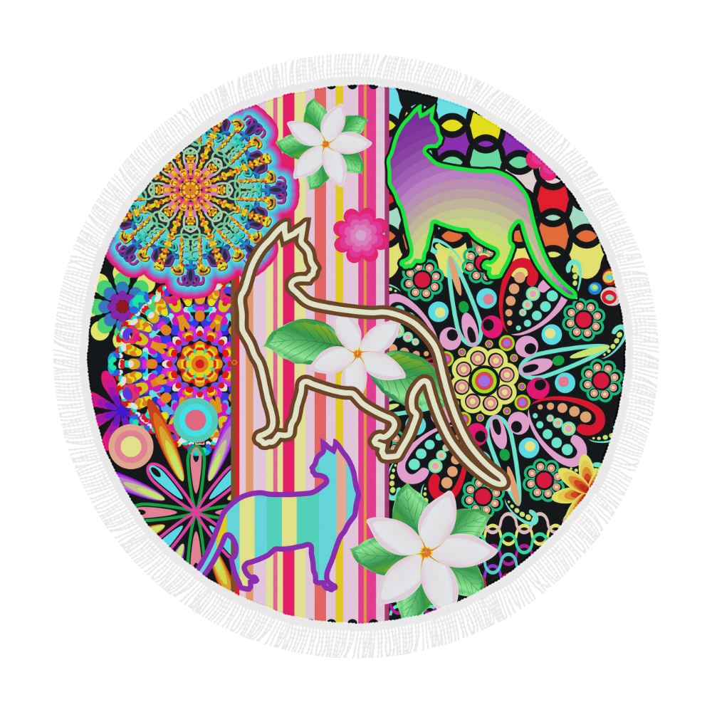 Mandalas, Cats & Flowers Fantasy Pattern Circular Beach Shawl 59"x 59"