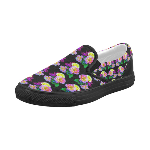 Rosa Yellow Roses on Black Pattern Women's Slip-on Canvas Shoes (Model 019)
