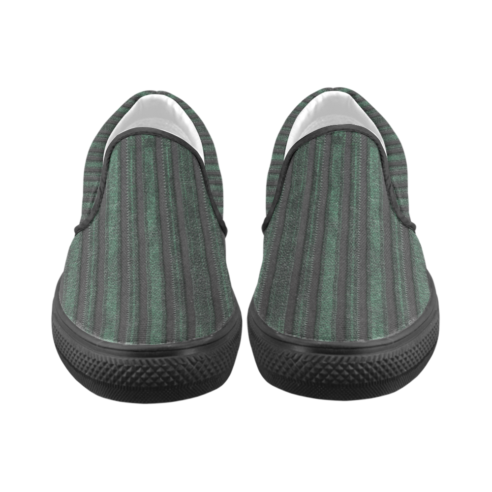 Trendy dark green leather look lines Women's Unusual Slip-on Canvas Shoes (Model 019)