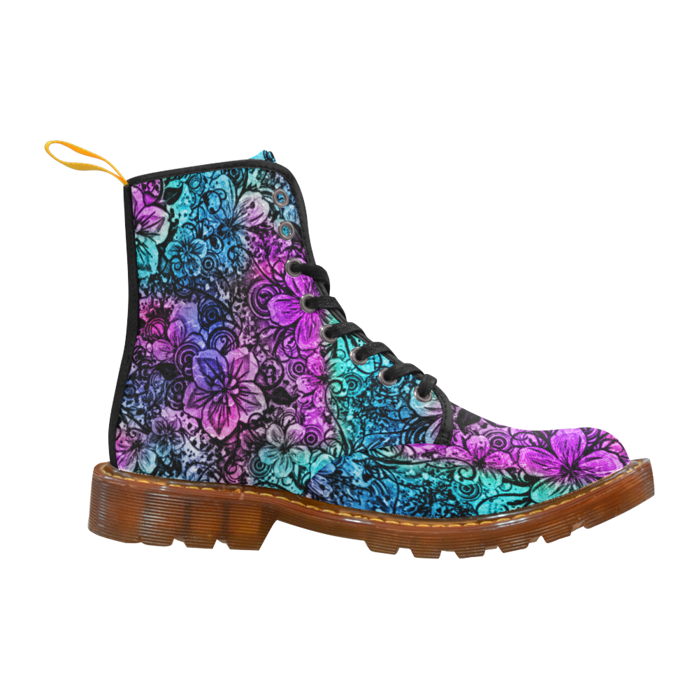 Purple N Teal Flowers Martin Boots For Women Model 1203H