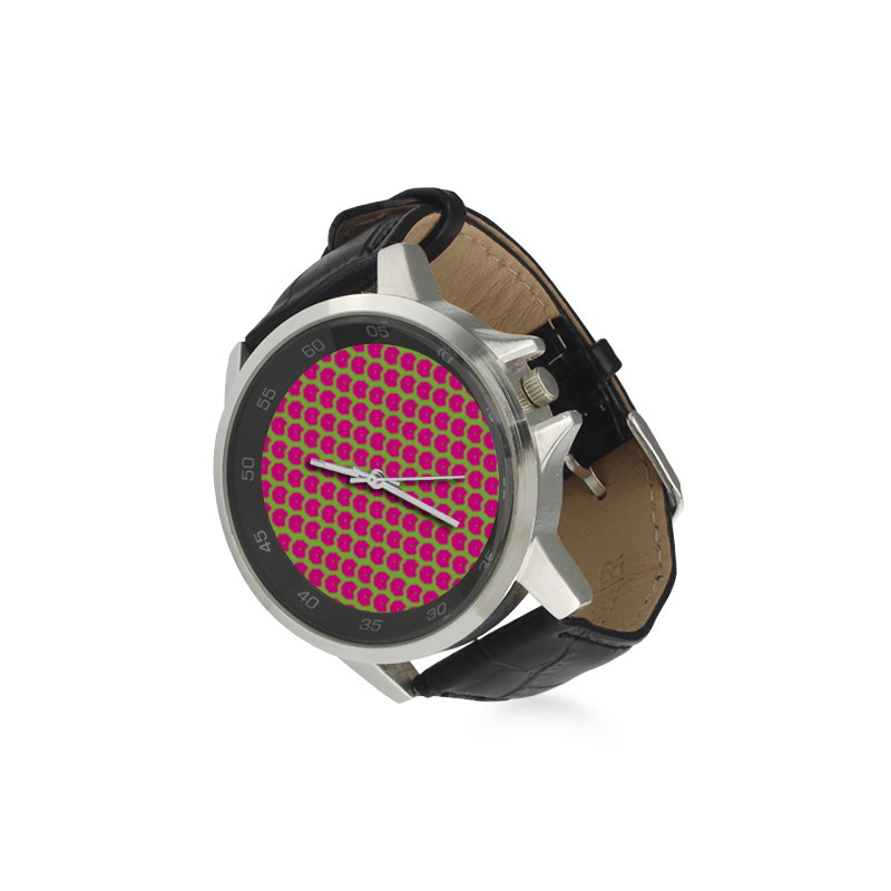 Bright Pink and Green Pattern Unisex Stainless Steel Leather Strap Watch(Model 202)