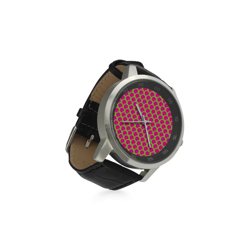 Bright Pink and Green Pattern Unisex Stainless Steel Leather Strap Watch(Model 202)