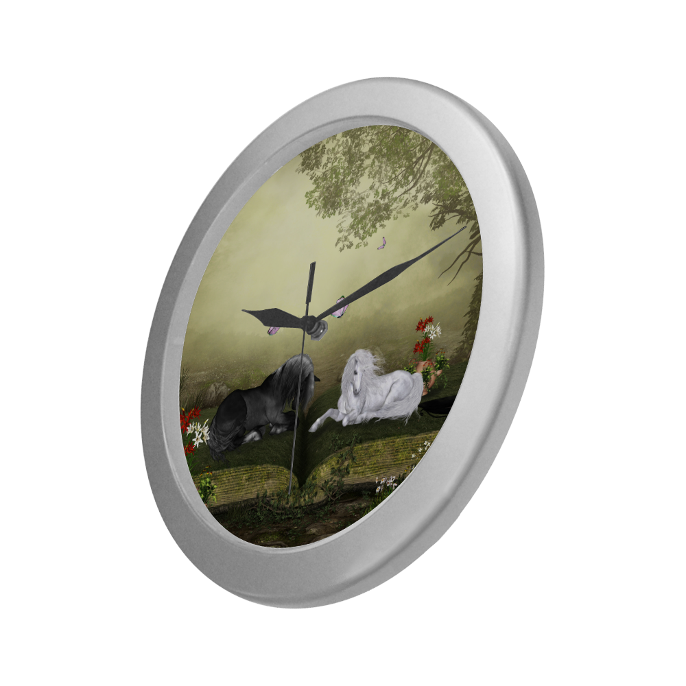 White unicorn with black horse Silver Color Wall Clock