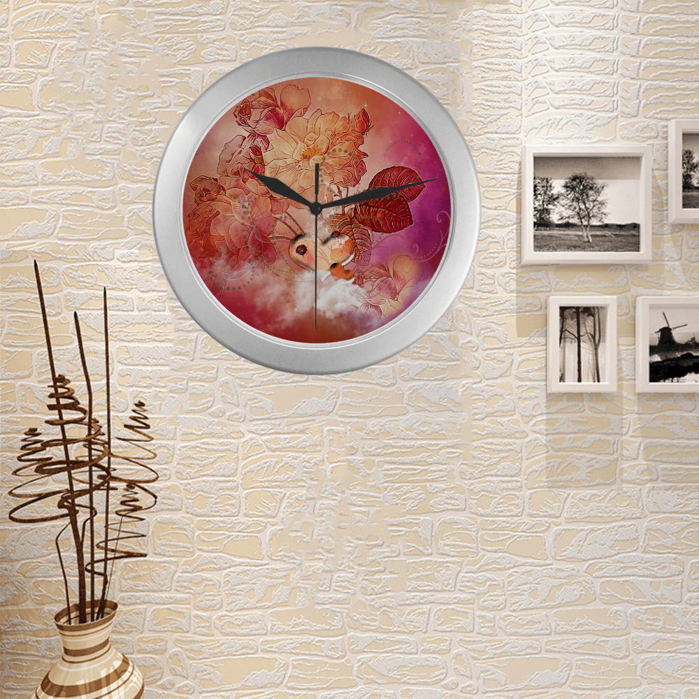 Hearts with flowers soft colors Silver Color Wall Clock