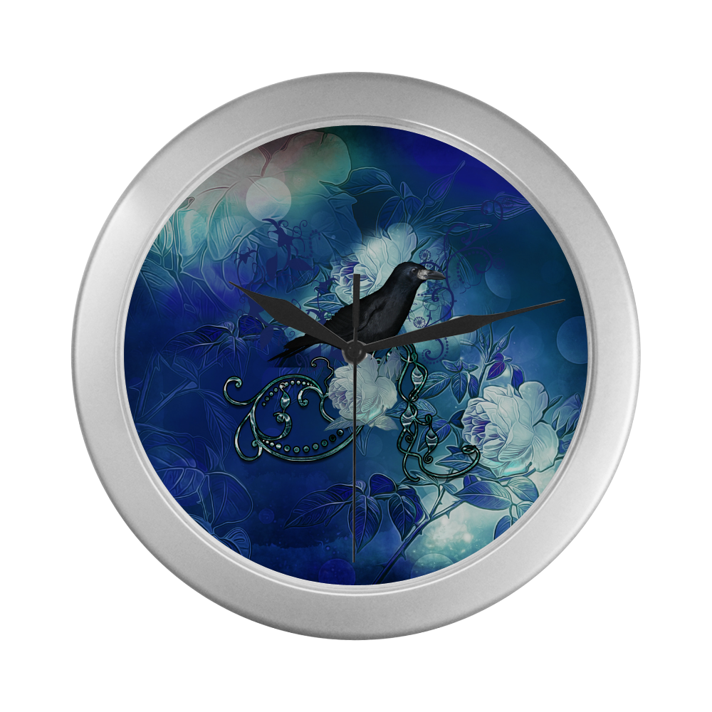 The crow with wonderful  flowers Silver Color Wall Clock