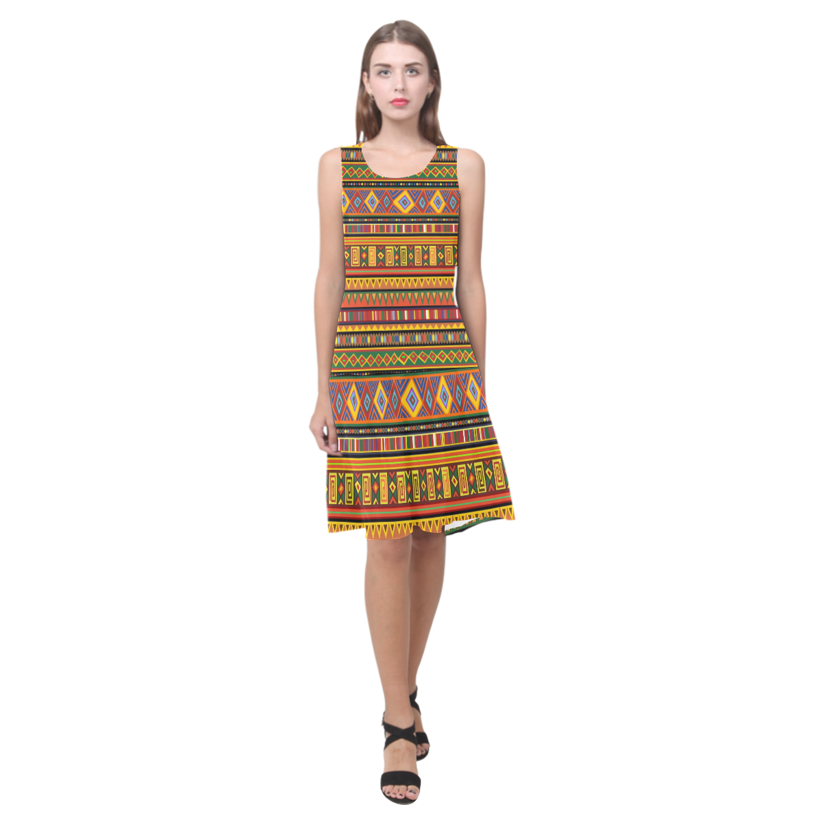 Ethnic Colorful Pattern Africa Art Sleeveless Splicing Shift Dress(Model D17)