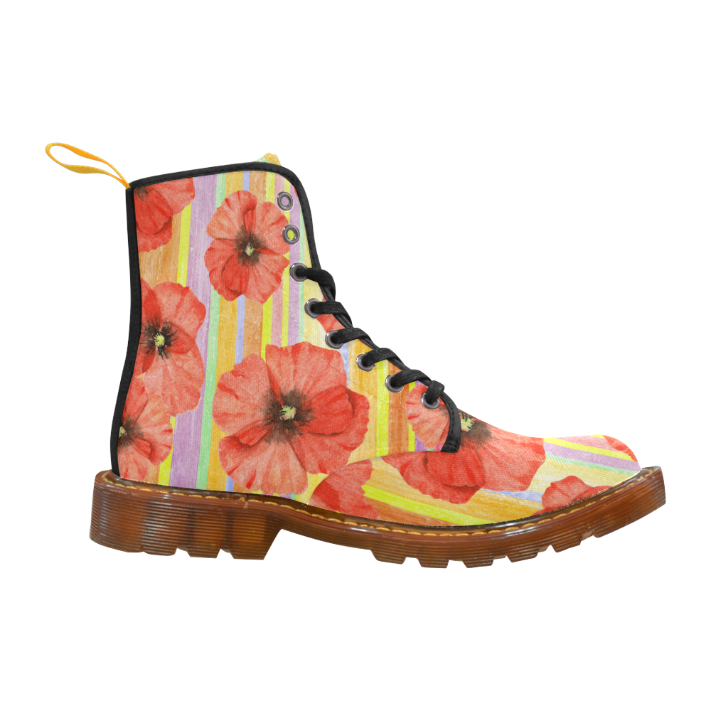 Watercolor STRIPES red POPPIES Blossoms Martin Boots For Women Model 1203H