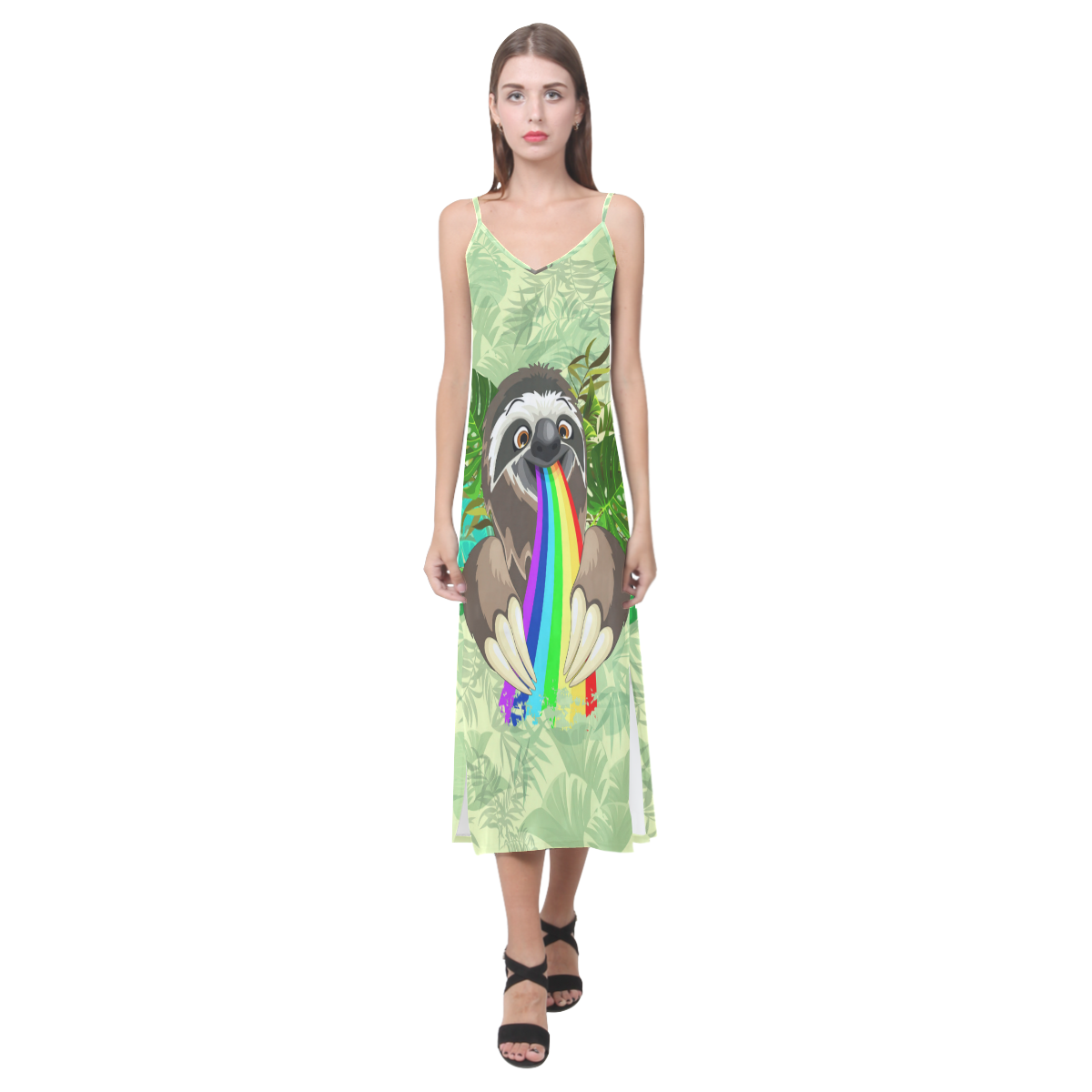 Sloth Spitting Rainbow Colors V-Neck Open Fork Long Dress(Model D18)