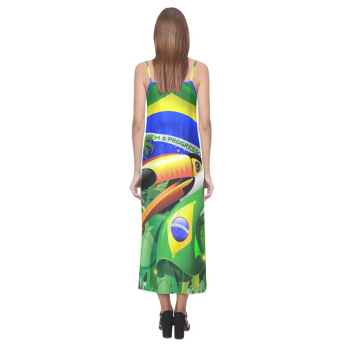 Toco Toucan on Brazil Flag V-Neck Open Fork Long Dress(Model D18)