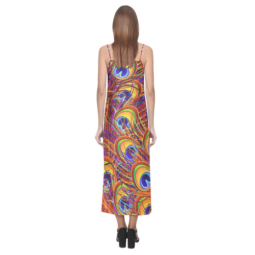 Peacock Feathers Colorful Pattern V-Neck Open Fork Long Dress(Model D18)