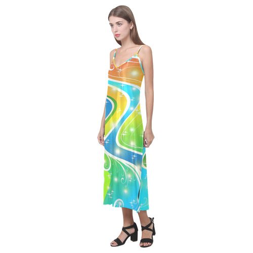 Swirls Festive Bright Abstact Colors V-Neck Open Fork Long Dress(Model D18)