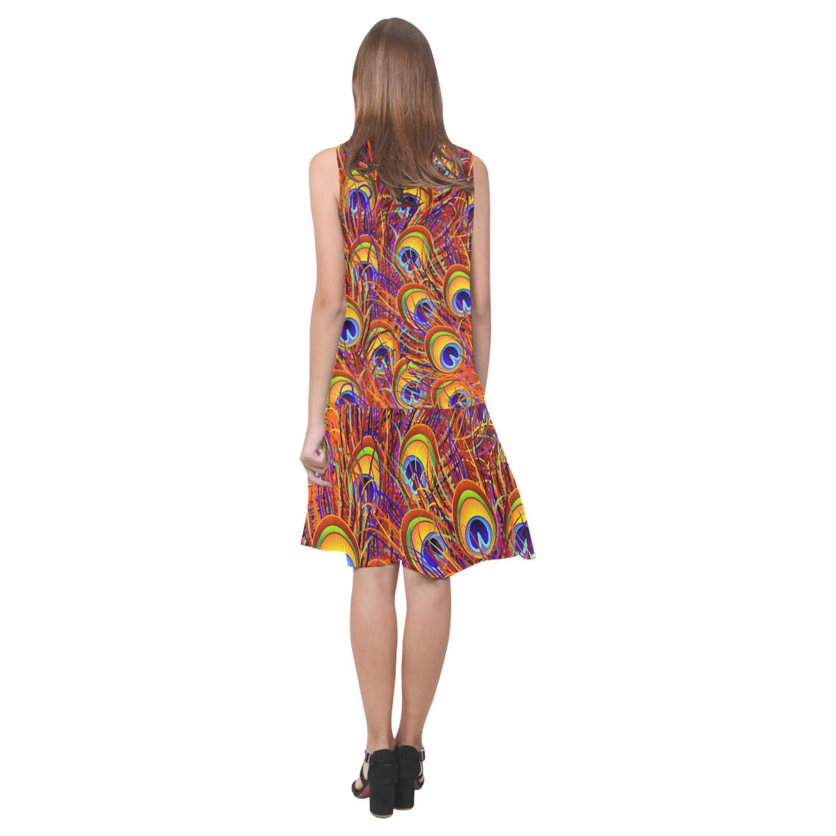 Peacock Feathers Colorful Pattern Sleeveless Splicing Shift Dress(Model D17)
