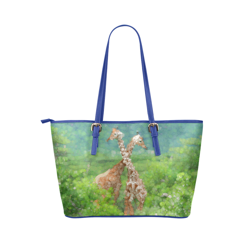 Two Giraffes In Forest Nature Art Leather Tote Bag/Large (Model 1651)