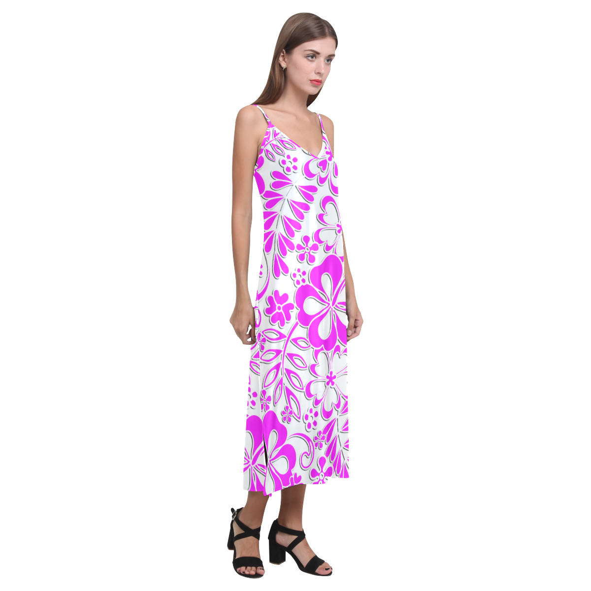 Hibiscus Pink and Purple Pattern V-Neck Open Fork Long Dress(Model D18)