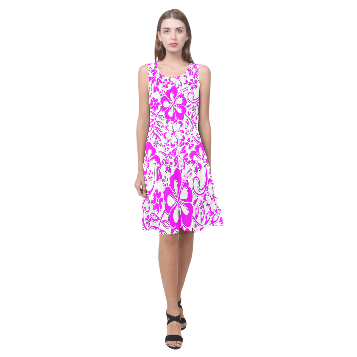 Hibiscus Pink and Purple Pattern Sleeveless Splicing Shift Dress(Model D17)
