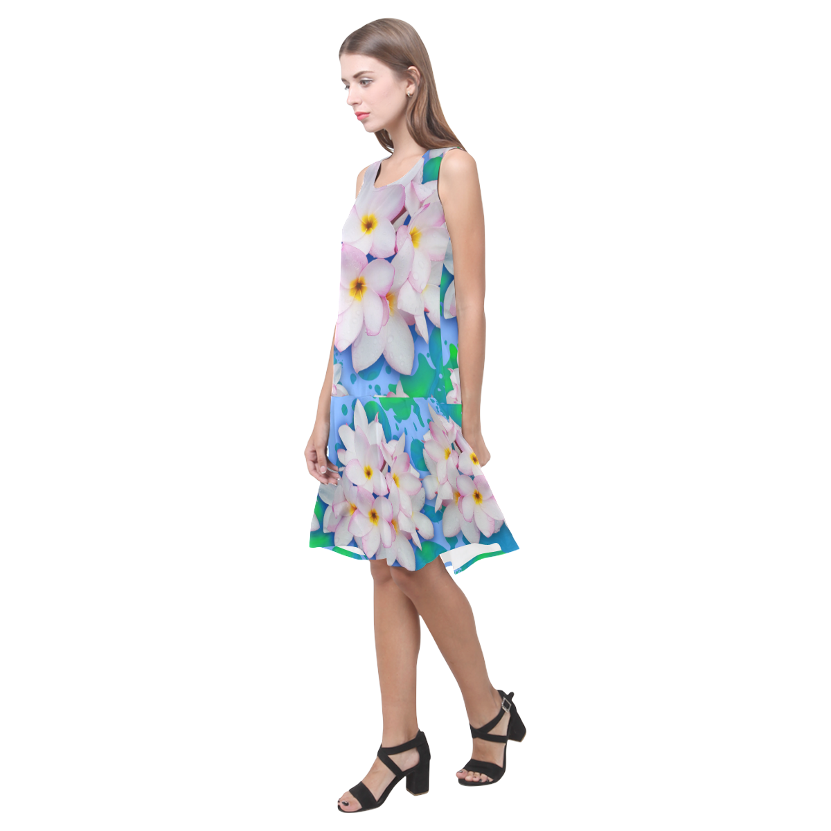 Plumeria Bouquet Exotic Summer Pattern Sleeveless Splicing Shift Dress(Model D17)