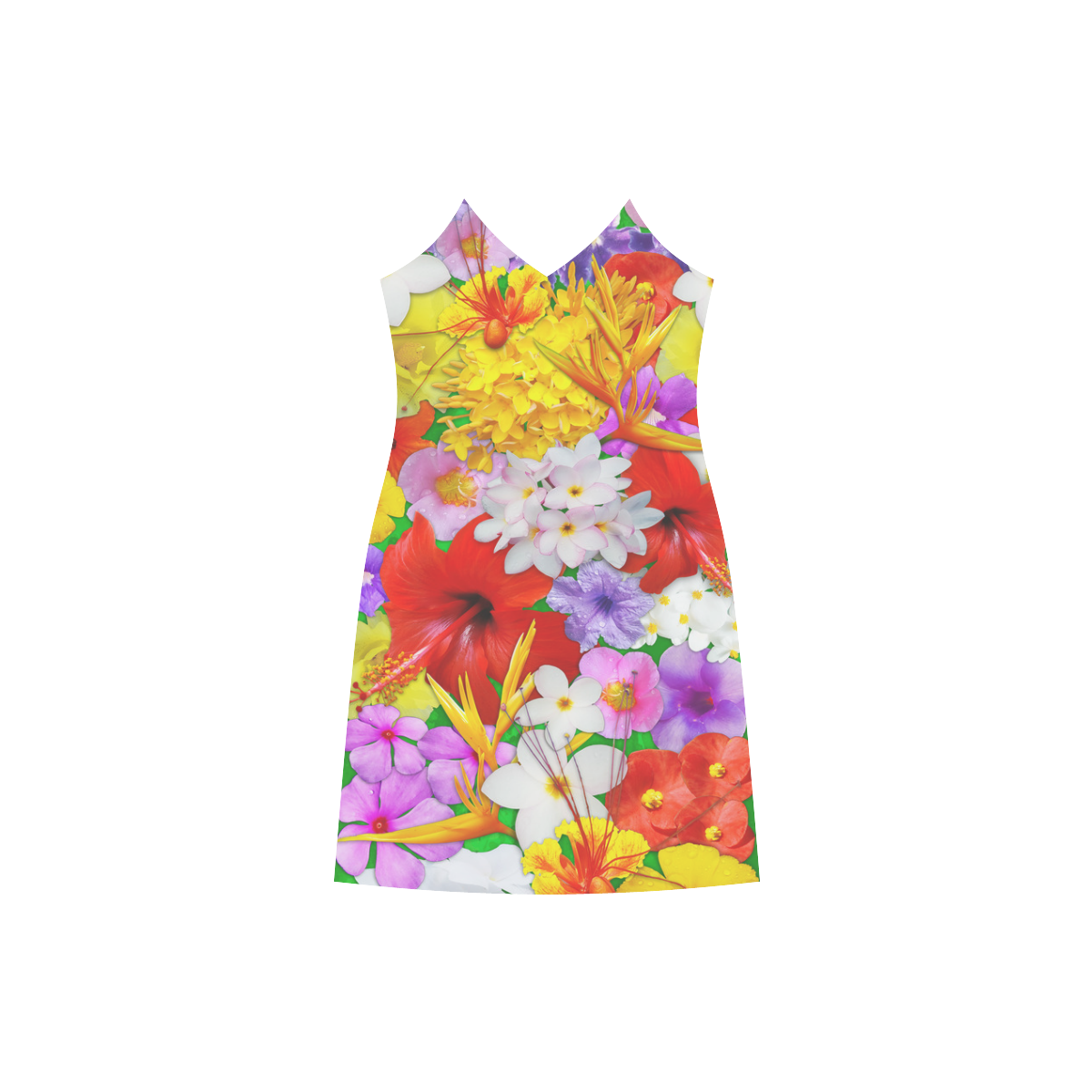 Exotic Flowers Colorful Explosion V-Neck Open Fork Long Dress(Model D18)