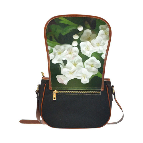 White Flowers Modern Floral Detail Saddle Bag/Small (Model 1649)(Flap Customization)