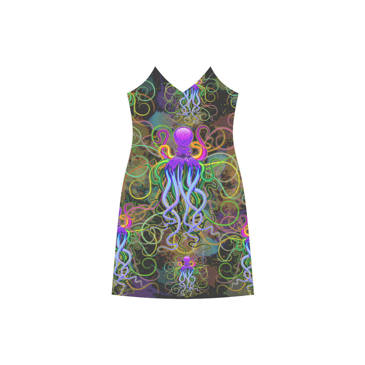 Octopus Psychedelic Luminescence V-Neck Open Fork Long Dress(Model D18)