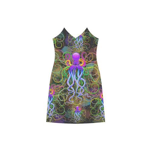 Octopus Psychedelic Luminescence V-Neck Open Fork Long Dress(Model D18)