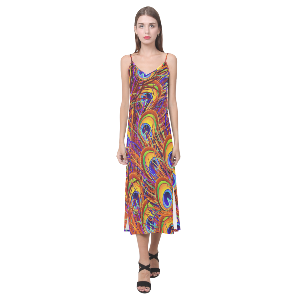 Peacock Feathers Colorful Pattern V-Neck Open Fork Long Dress(Model D18)