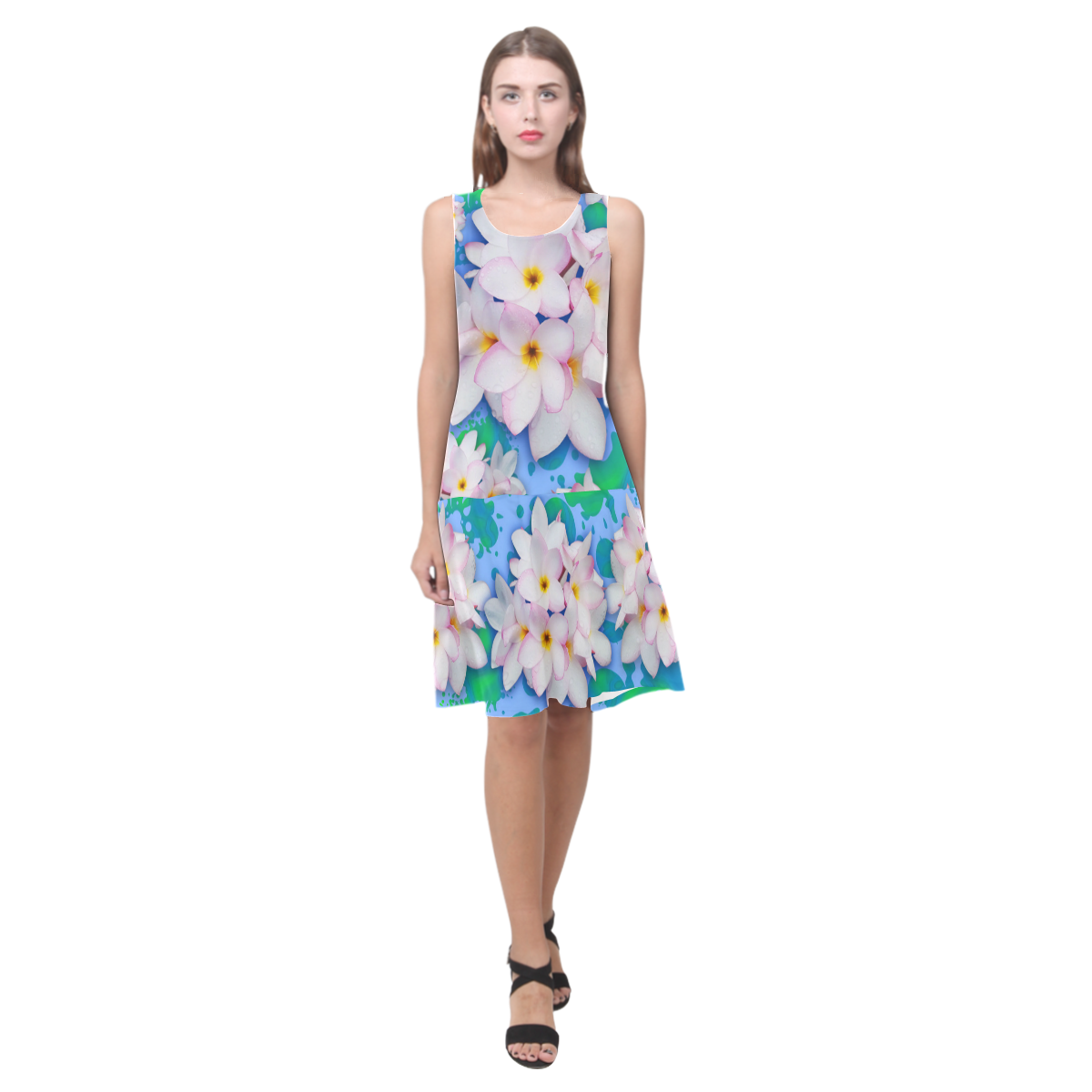 Plumeria Bouquet Exotic Summer Pattern Sleeveless Splicing Shift Dress(Model D17)