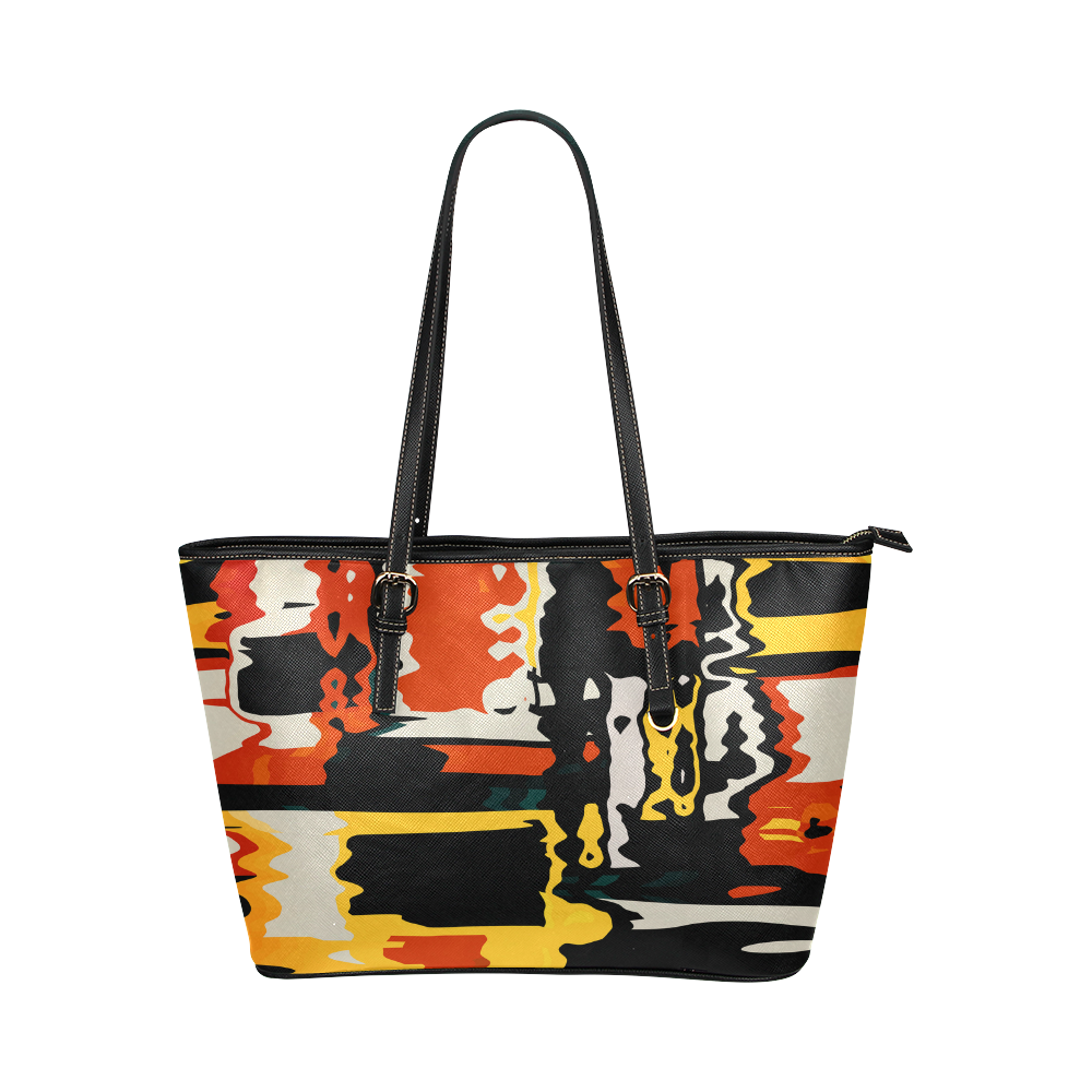 Distorted shapes in retro colors Leather Tote Bag/Large (Model 1651)