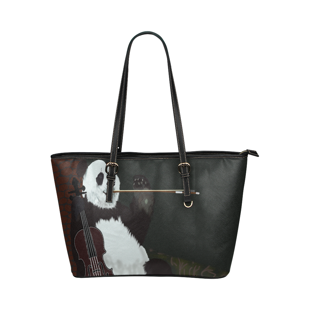 panda violinist abstract Leather Tote Bag/Large (Model 1651)