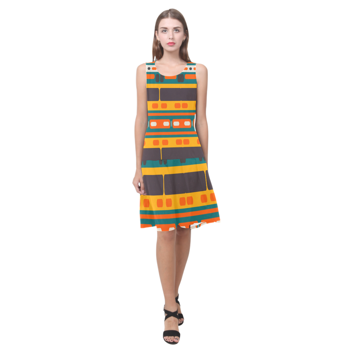 Rectangles in retro colors texture Sleeveless Splicing Shift Dress(Model D17)