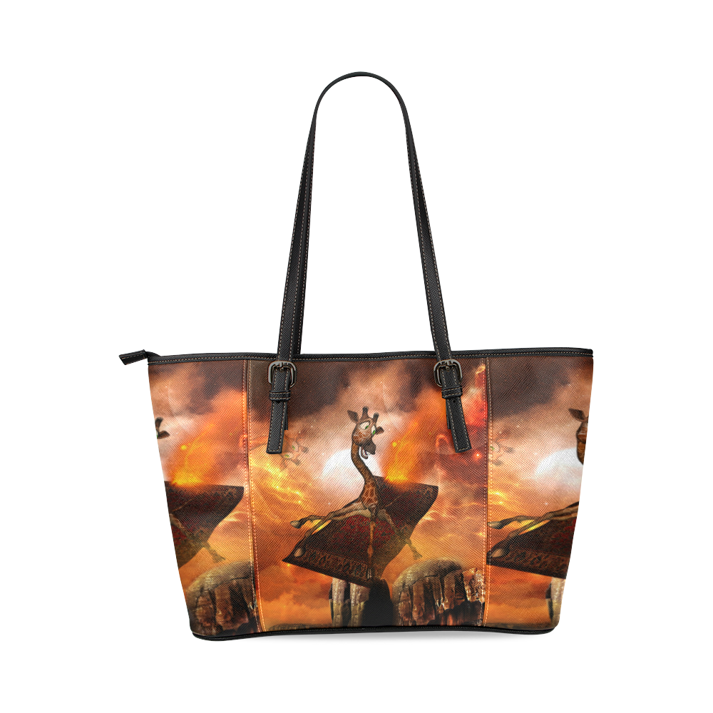Flying giraffe on a rug Leather Tote Bag/Small (Model 1640)