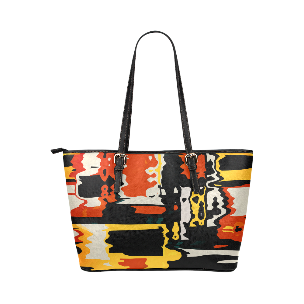 Distorted shapes in retro colors Leather Tote Bag/Large (Model 1651)