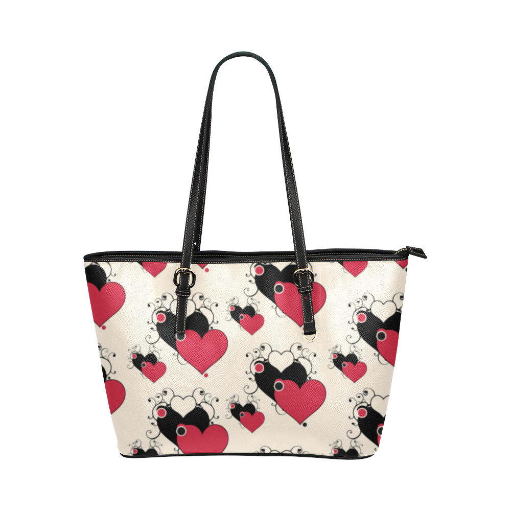 Red Black Valentine Hearts Pattern Leather Tote Bag/Large (Model 1651)