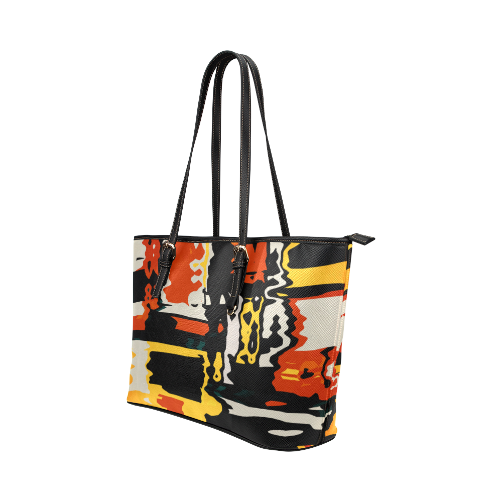 Distorted shapes in retro colors Leather Tote Bag/Large (Model 1651)