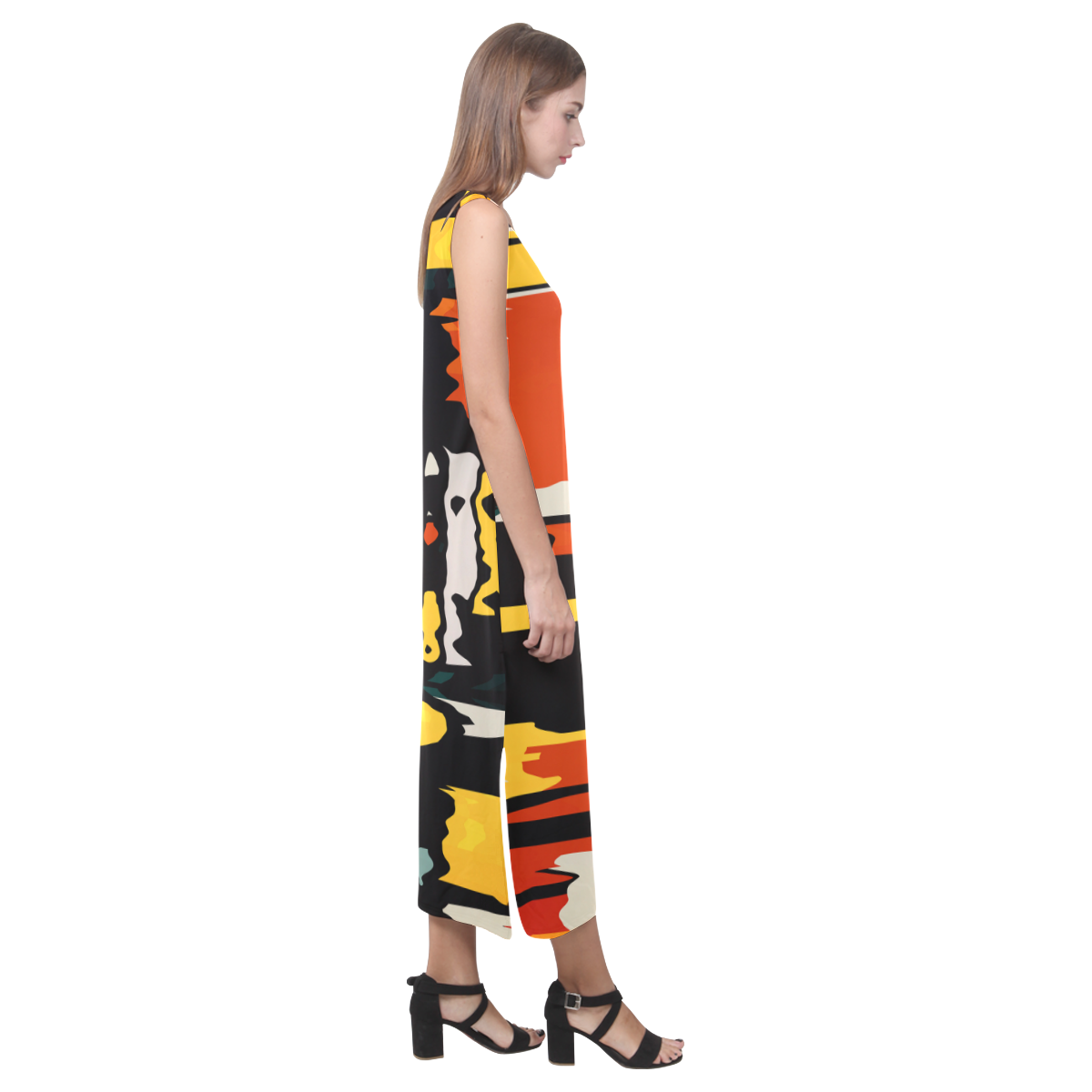 Distorted shapes in retro colors Phaedra Sleeveless Open Fork Long Dress (Model D08)