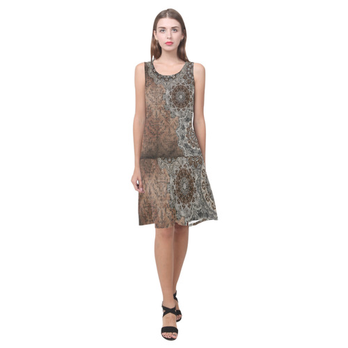 Elegant grey brown vintage mandalas Sleeveless Splicing Shift Dress(Model D17)