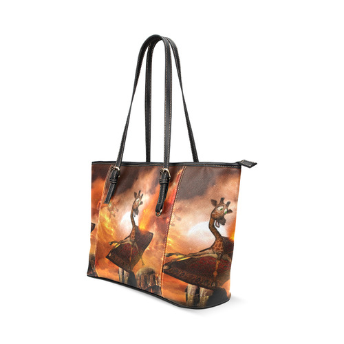 Flying giraffe on a rug Leather Tote Bag/Small (Model 1640)