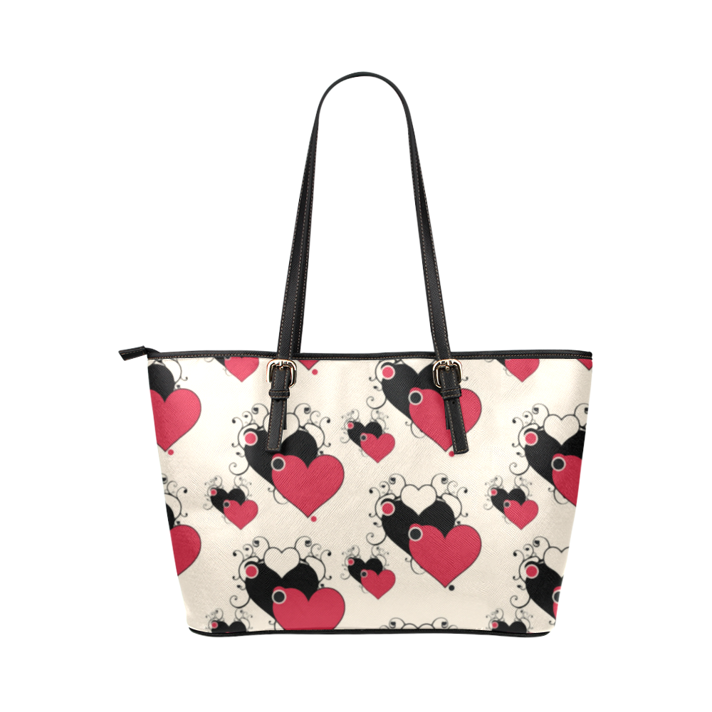 Red Black Valentine Hearts Pattern Leather Tote Bag/Large (Model 1651)