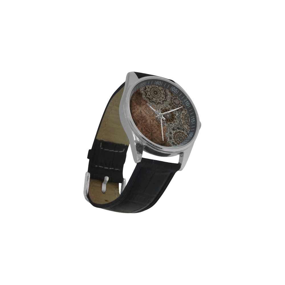 Elegant grey brown vintage mandalas Men's Casual Leather Strap Watch(Model 211)