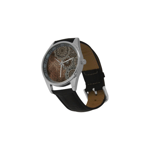 Elegant grey brown vintage mandalas Men's Casual Leather Strap Watch(Model 211)