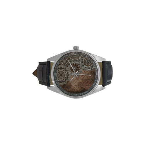 Elegant grey brown vintage mandalas Men's Casual Leather Strap Watch(Model 211)