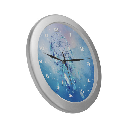 A wounderful dream catcher in blue Silver Color Wall Clock