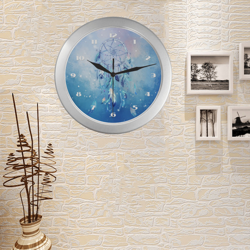 A wounderful dream catcher in blue Silver Color Wall Clock